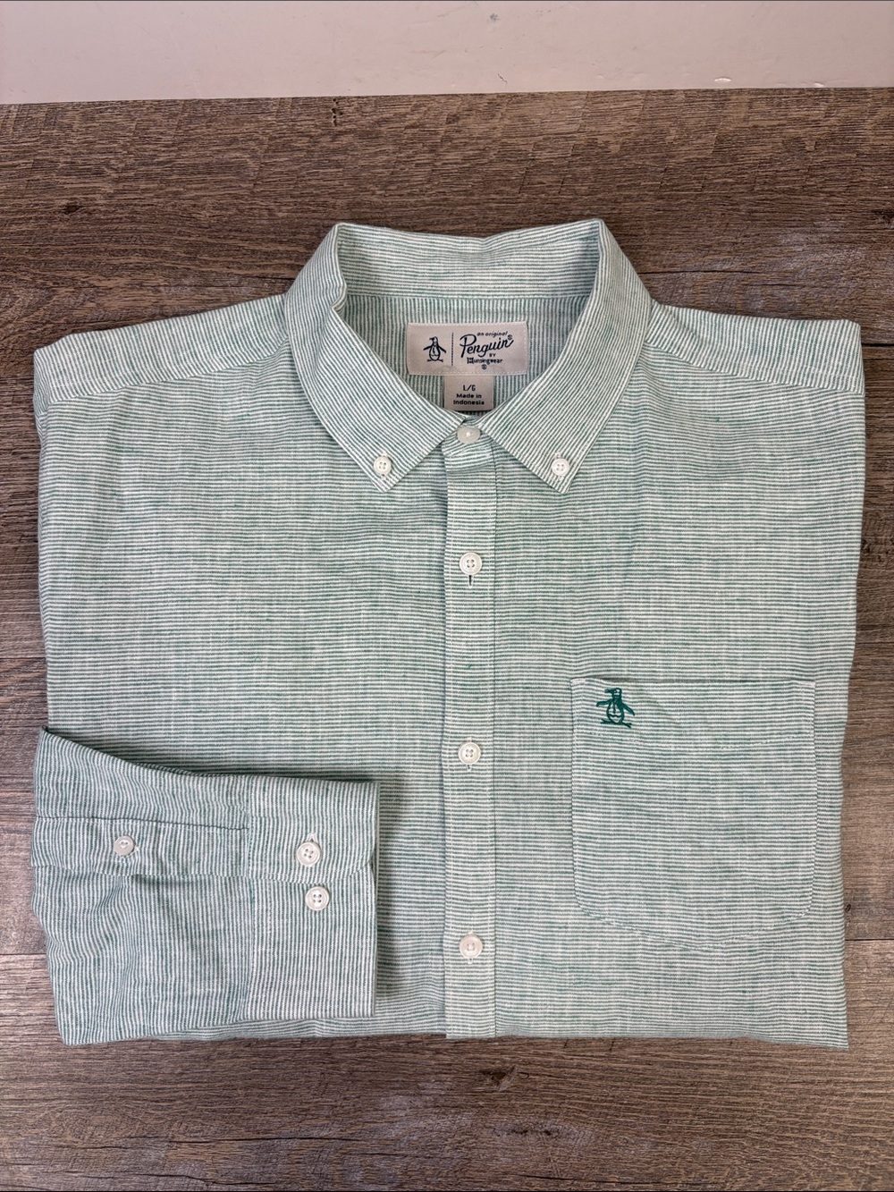 Original Penguin Men’s Linen Cotton Striped Button Down Shirt Green Large